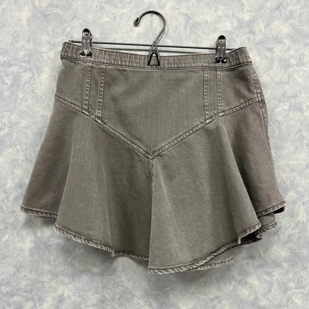 Aerie Denim Skirt Ruffle Hem Gray Mini Skater Elastic Waist Casual S - Picture 1 of 8